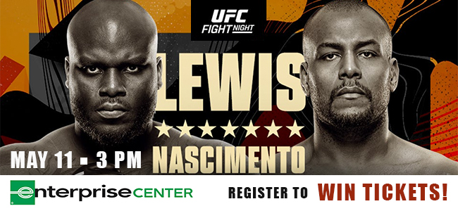 Register to win tickets to Ultimate Fighting Fight Night at the Enterprise Center in St. Louis on May 11 2024 to see the Lewis versus Nascimento heavyweight bout.